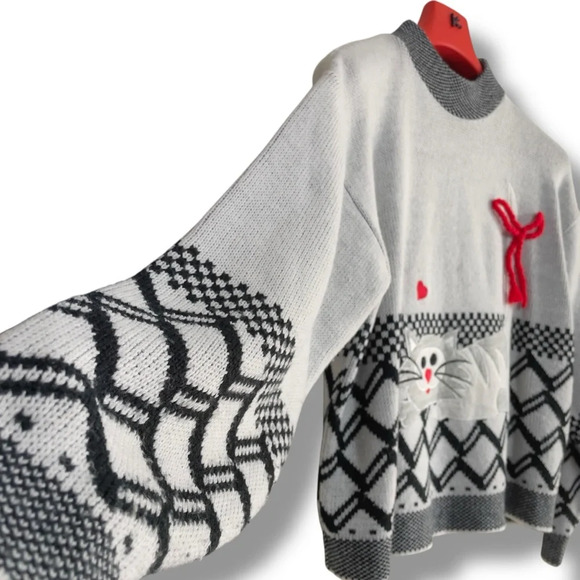 Vintage Cat 3D Print Knit Sweater Kitty Heart Bow Embroidery Art Pullover Medium - Picture 4 of 9